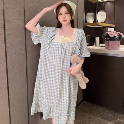 Geruit Kersenprint Nachthemd Nachtkleding Dames Koreaanse Stijl Ruches Nachtjurk Pyjama's Zomer Korte Mouw Huiskleding Nieuw Binnen 2XL white