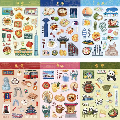 Stickervellen met Chinees Thema stickertjes - 8 vel - Journal Stickers met Panda's, Pagodes, Chinees eten, draken, kleding etc. Kawaii/Aziatisch