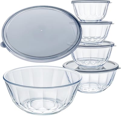 Set van 5 Hittebestendige Glazen Schalen met Deksel, Stapelbare Mengkommen voor Salades, Magnetron- en Vaatwasserbestendig, 0.8L tot 4.45L