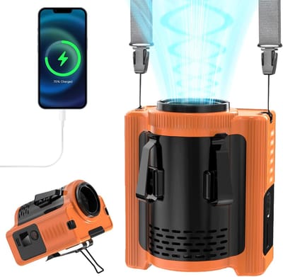Nekventilator met 5 Versnellingen, 10000mAh Oplaadbaar Riemventilator met Clip, Power Bank, LED Verlichting, Handenvrije Koelventilator voor Buiten, Kamperen, Vissen-Oranje