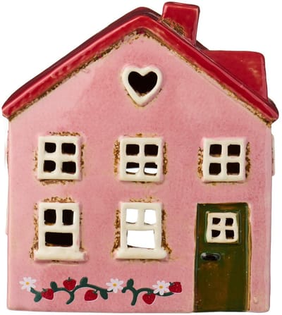Ib Laursen - Keramieken Huisje Ebeltoft - Roze met aardbeienplant - Waxinelichthouder