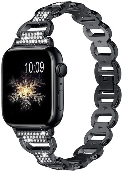 RVS bandje met glitterstenen - geschikt voor Apple Watch 1/2/3/4/5/6/7/8/9/10/11/ SE (1,2,3) met maat 38 mm / 40 mm / 41 mm en 42 mm (Watch 10/11) - stalen band met kliksluiting - zwart