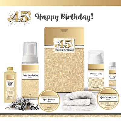 Geschenkset “45 Jaar Happy Birthday!” - 7 producten - 650 gram | Cadeau Vrouw - Luxe wellness cadeau - Cadeau vrouw - Gefeliciteerd - Set Verjaardag - Geschenk jarige - Cadeaupakket moeder - Vriendin - Zus - Verjaardagscadeau - Goud