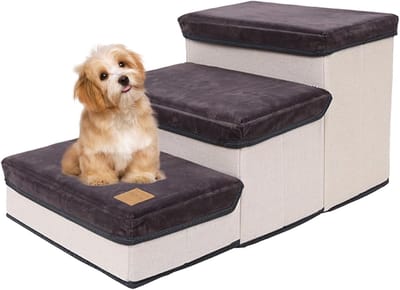 KZQ Inklapbare Hondentrap met Opslagruimte, 3 Treden Antislip Hondenloopplank voor Bed en Bank, Geschikt voor Kleine en Middelgrote Honden tot 30 kg, Grijs
