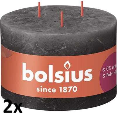 2 stuks Bolsius antraciet rustiek 3 lonten kaars 90/140 (57 uur) Eco Shine Stormy Grey