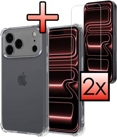 Hoesje - Met Screenprotector - 2 Stuks - Geschikt voor Apple iPhone 17 Pro - Sterk & Shockproof - Siliconen Case - Back Cover - Telefoon Hoes - Shock Proof - Transparant