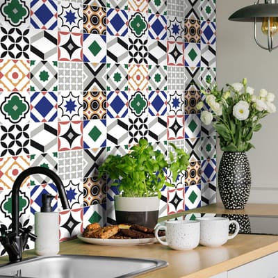 Zelfklevende muurtegelstickers voor keuken en badkamer - 24 AZULEJOS FEBINA tegelstickers - 24 stickers 10x10cm