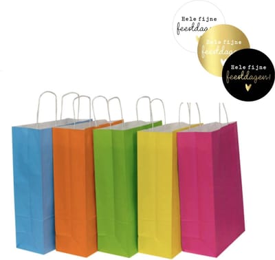 50 x kleine papieren cadeautasjes 18x8x22 cm mix 1 verschillende kleuren + stickers « Hele fijne feestdagen » Kersttassen met handvat geel blauw oranje groen roos Kersttasje Kerst verpakking draagtassen