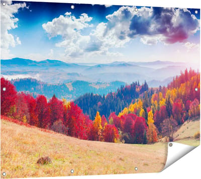 Gards Tuinposter Kleurrijke Herfstbos met Heuvellandschap - 120x90 cm - Tuindoek - Tuindecoratie - Wanddecoratie buiten - Tuinschilderij