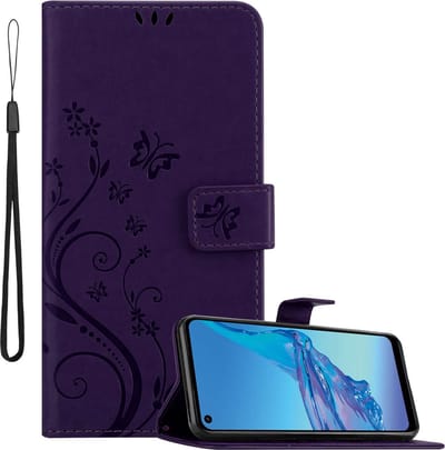 Cadorabo Hoesje geschikt voor Oppo A53s in Paars - Beschermhoes in bloemmotief met magnetische sluiting, standfunctie en kaartsleuven Book Case Cover Etui
