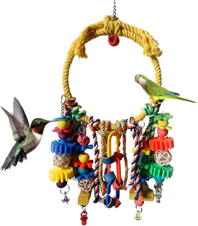 Vogelkooi Speelgoed - Papegaai Schommel - Vogels Trainen - Natuurlijke Materialen - 48 cm Hoogte - Geel