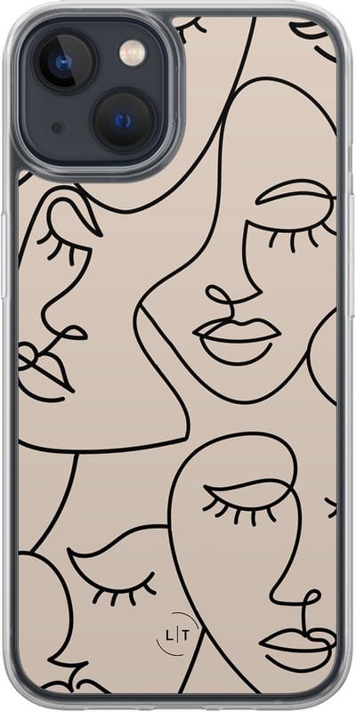 Hoesje geschikt voor iPhone 13 - Abstract faces - 2in1 backcover - Print / Illustratie - Beige - Leuke Telefoonhoesjes