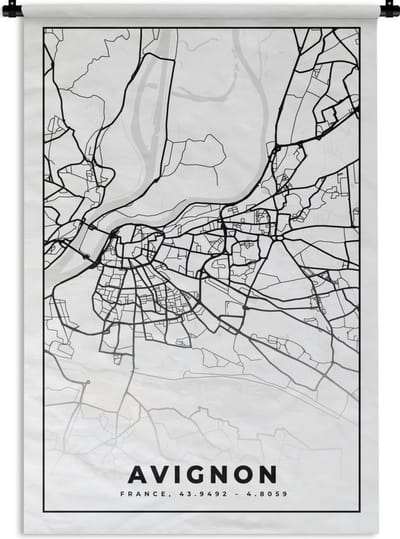 Wandkleed - Wanddoek - Stadskaart - Frankrijk - Kaart - Plattegrond - Avignon - Zwart wit - 120x180 cm - Wandtapijt