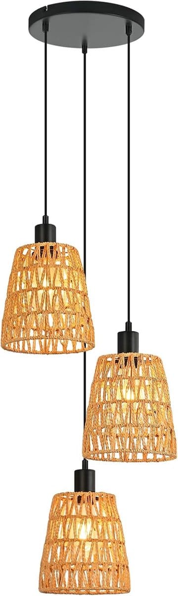 Glitzerlife - Hanglampen - Boho Retro Vintage Rond - 3xE27 - Verstelbare hoogte - Rattan papierkoord ijzer - Ø18cm - 25W - eetkamer verstelbaar - Eetkamer Slaapkamer Woonkamer