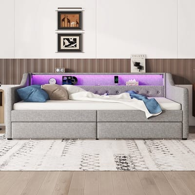KOMHTOM Slaapbank 90 x 200 cm Sfeerverlichting met afstandsbediening Twee laden USB-laadcontactdoos Linnen Grijs