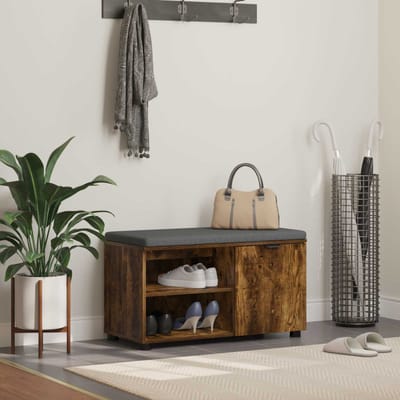 vidaXL - Hallenbank - met - kussen - met - plank - Gerookte - Eik - 80 - x - 38 - x - 46 - cm