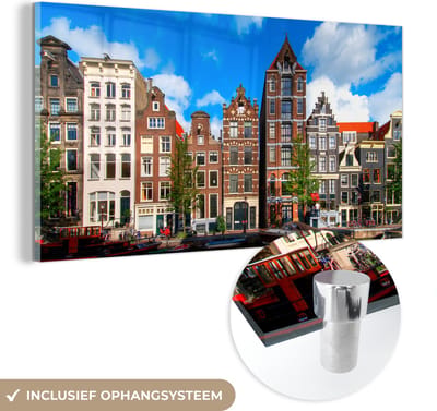 MuchoWow® Glasschilderij 40x20 cm - Schilderij acrylglas - Amsterdam - Zomer - Boot - Foto op glas - Schilderijen