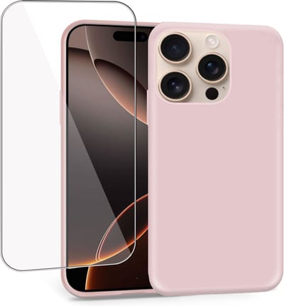 Geschikt voor Apple iPhone 16 Pro - Hoesje + Screenprotector – Gehard Glas Cover - Suède Case Rose