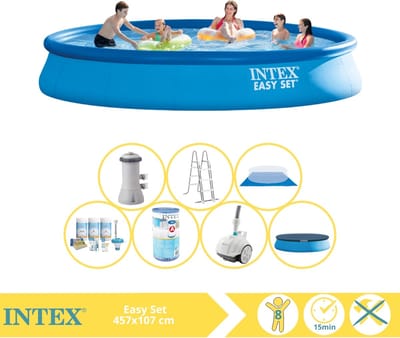 Intex Easy Set Zwembad - Opblaaszwembad - 457x107 cm - Inclusief Onderhoudspakket, Filter en Zwembad Stofzuiger