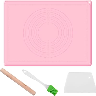 Herbruikbare Siliconen Bakmat 70x50cm - Antislip Werkmat met Meetlijnen voor Deeg, Brood, Koekjes en Pizza - Inclusief Deegschraper, Kwast en Rolling Pin (Roze)
