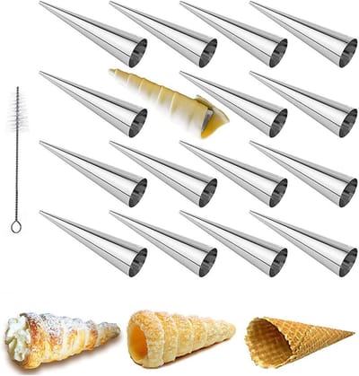 16-delige set bakvormen voor croissants en roomhoorns met reinigingsborstel - RVS conische vormen voor gebak en desserts