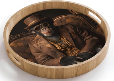 Dienblad rond 40x40 cm - Schootdienblad hout - Chimpansee - Stoel - Pak - Bruin - Borrelplank rechthoek - Plateau houten dienbladen