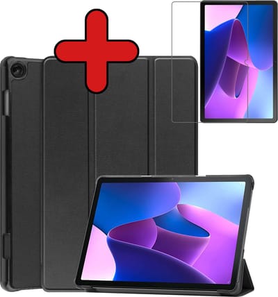Hoesje - Geschikt voor Lenovo Tab M10 (3e / 3rd generatie) - Met Screenprotector - Hardcover Book Case - Trifold Bookcase Hoes - Hard Cover - Tablethoes - Zwart