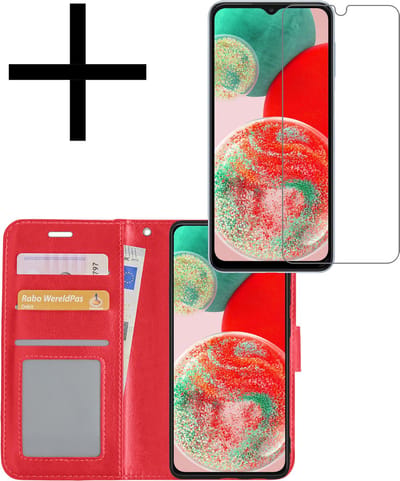 Hoesje - Met Screenprotector - Geschikt voor Samsung Galaxy A23 - Luxe Pasjeshouder - Bookcase Portemonee - Flip Case - Kunstleer Book Case - Flipcase - Book Cover - Walletcase - Portemonneehoes - Rood