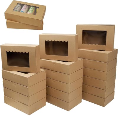 Dailygoods - 20 stuks koekjesdoosjes met kijkvenster, 21,5 x 13,5 x 5 cm, kraftkarton, taartdoos, bruin gebakkarton, geschenkdoos voor kerstfeest, voor koekjes, cupcakes, muffinverpakking
