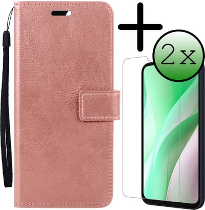Hoesje Met 2x Screenprotector - Geschikt voor Samsung Galaxy A15 - Luxe Pasjeshouder - Bookcase Portemonee - Flip Case - Kunstleer Book Case - Flipcase Hoes - Book Cover - Walletcase - Portemonneehoes - Rosé goud