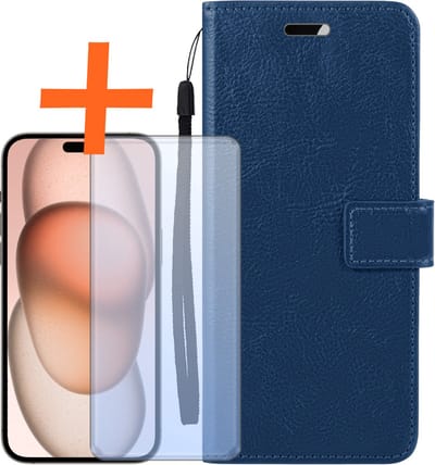Hoes - Met Screenprotector - Geschikt voor Apple iPhone 15 - Luxe Pasjeshouder - Bookcase Portemonee - Flip Case - Kunstleer Book Case - Flipcase - Book Cover - Walletcase - PortemonneeHoes - Donkerblauw
