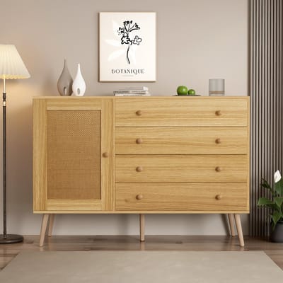 Opbergkast, Natuurlijke kleur, 120 cm Houten Dressoir met 4 laden en 1 deur