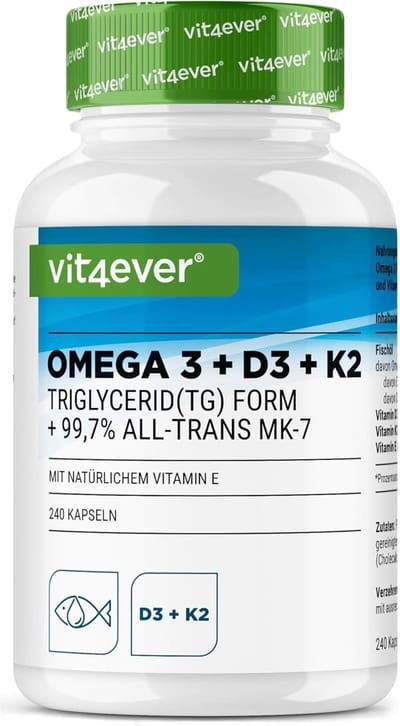 Omega 3 + D3 + K2 Complex - 240 Capsules - Visolie Triglyceride-vorm met 750 mg EPA & 375 mg DHA - Vitamine D3 1000 IE & K2 MK-7 - Hoog Gedoseerd - Laboratoriumgetest - Vit4ever