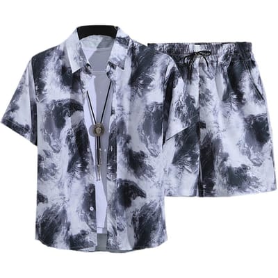 2 stuks/set Heren Strandoutfit Revers Korte Mouw Single Breasted Shirt Elastische Taille met Trekkoord Wijde Pijpen Shorts Set Hawaiiaanse Print C L grijs