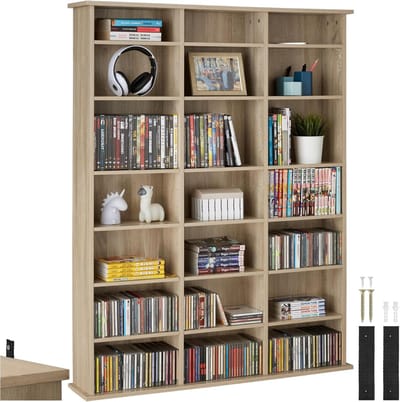 Mediakast met Planken - Opbergkast Muziek - Cd Dvd Opslag - 18 Flexibele Planken - 105x19x136 cm - Licht Eiken