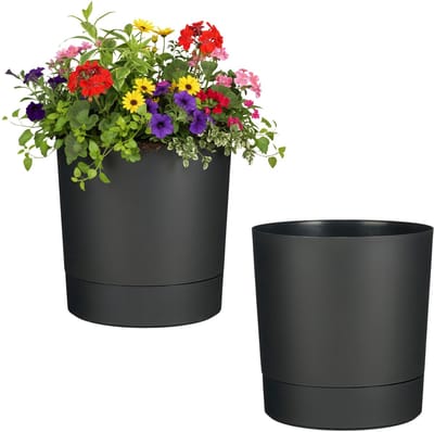 Mica Decorations Bloempot Coco - 2x - met onderschaal - antraciet - H24 x D23 cm - kunststof - buiten