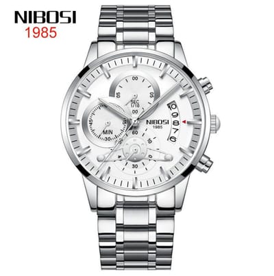 NIBOSI Horloge 2309 - Zilverkleurig-Wit – Heren - Quartz - Chronograaf - Stalen Band - Tijdloos en Stijlvol