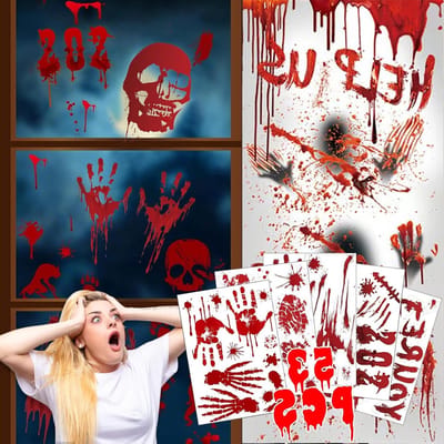 Griezelige Halloween Raamdecoratie met Bloedige Handafdrukken en Zombie Silhouetten - 3 Stuks voor een Spookachtige Sfeer en Muurdecoratie