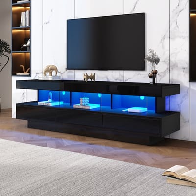 STILVORA TV-Meubel - Hoogglans Zwart Met LED En Bluetooth-Appbesturing - 3 Glasplanken - Voor Tot 70 Inch TV - Spaanplaat - 160x38x50,5 cm - Zwart