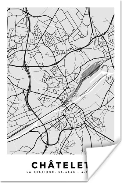 Poster België – Châtelet – Stadskaart – Kaart – Zwart Wit – Plattegrond - 120x180 cm XXL