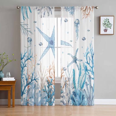 Zomer Marine Leven Zeester Tule Raamgordijnen voor Slaapkamer Luxe Huisdecoratie Draperieën in Woonkamer Chiffon Panelen 135W x 114H(cm)