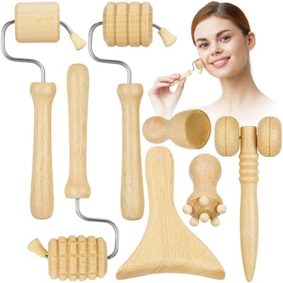 Houten massagerollerset - 7-delig - Bindweefselmassage - Verbetert de houding - Massagetool - Ontspanning - Geschikt voor rug, nek, schouders, buik, gezicht, armen en benen - Houtkleur