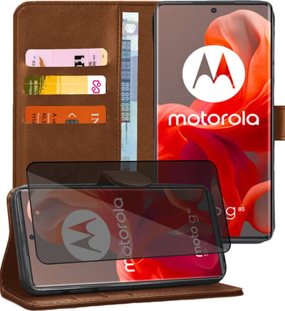 Hoesje geschikt voor Motorola Moto G85 - Privacy Screenprotector Volledig Dekkend Glas - Portemonnee Book Case Bruin