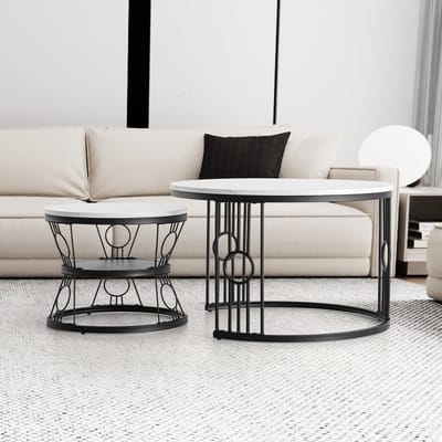 MIVRAY Hoogglans Salontafel Set Van 2 - Stapelbaar Rond Met MDF + Metaal - Nest-Design - 70×70×45 & 45×45×37 Cm - Zwart
