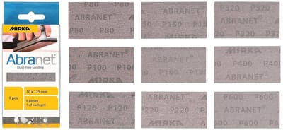 Mirka Abranet Net Schuurstrips 70 x 125 mm Grip / Mix-pack 1 stuk van elke korrel 80, 100, 120, 150, 180, 220, 320, 400, 600 / 9 stuks / voor het schuren van hout, vulmiddel, vernis, kunststof