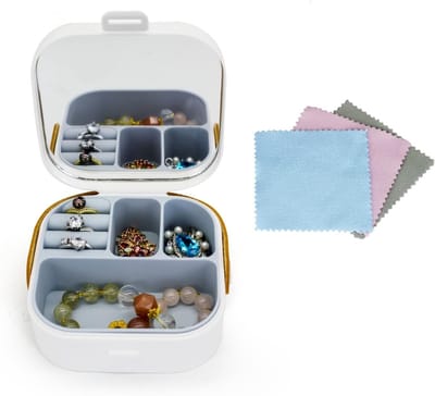 Sieradenopbergdoos met Spiegel en 3 Schoonmaakdoekjes, Draagbare Reisdoos voor Ringen, Oorbellen en Armbanden, Ideaal voor Sieradenopslag en Organisatie