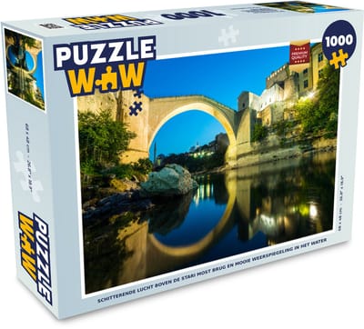 Puzzel Schitterende lucht boven de Stari Most brug en mooie weerspiegeling in het water - Legpuzzel - Puzzel 1000 stukjes volwassenen