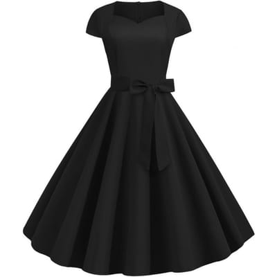 Dames Jurk V-vormige Hals Met Riem Strik Decor A-lijn Grote Wijde Strakke Hoge Taille Effen Kleur Retro Korte Mouw Prinses Stijl Dame Midi Praktisch Gebruik M zwart