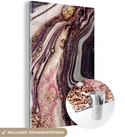 MuchoWow® Glasschilderij 120x180 cm - Schilderij acrylglas - Marmer - Roze - Goud - Glitter - Marmerlook - Foto op glas - Schilderijen