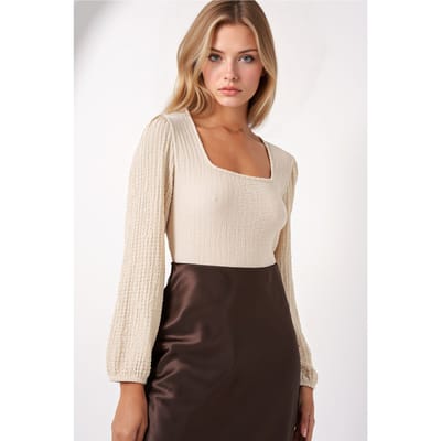 Gestructureerde Vierkante Kraag Langetermijn Blouse